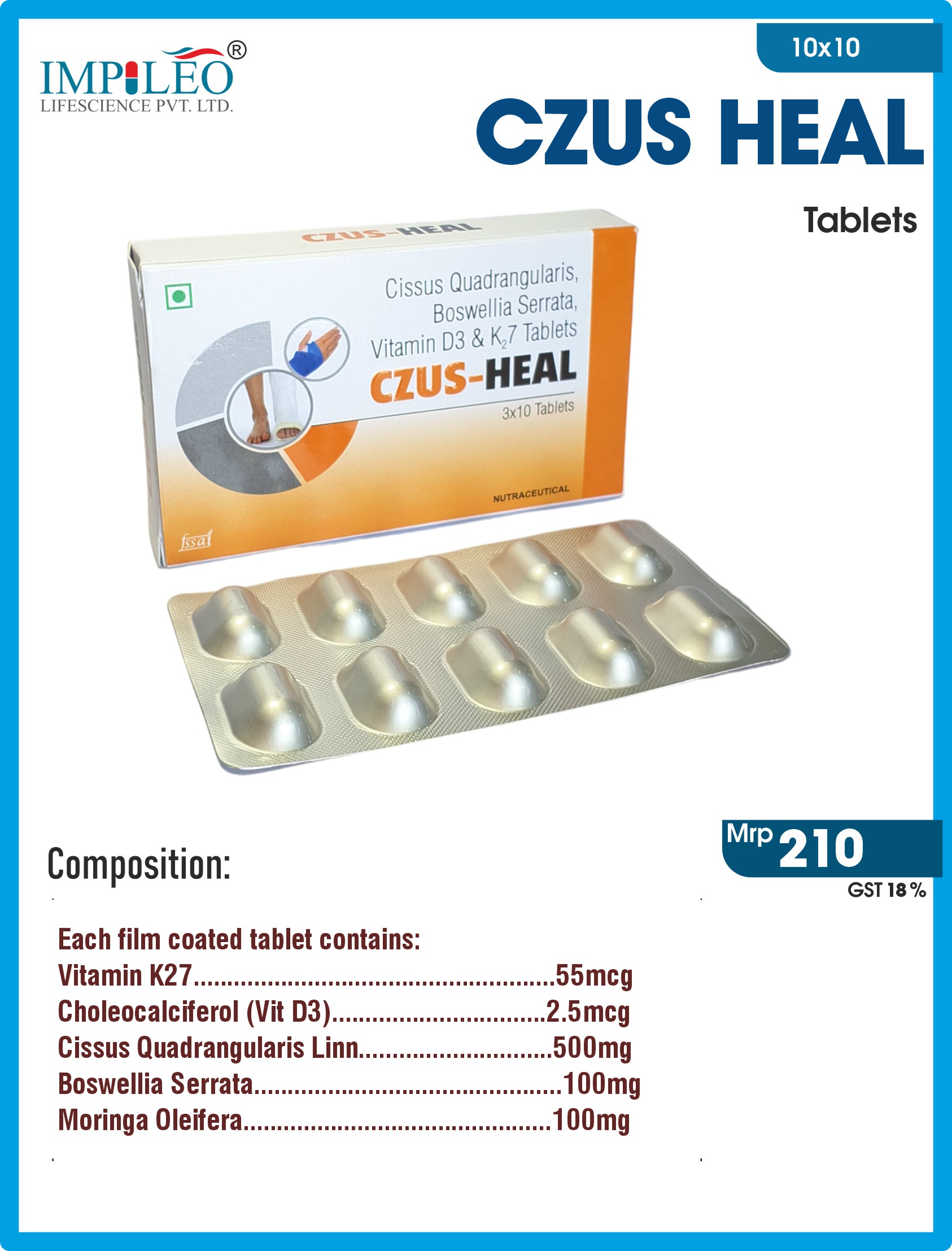 Obtain CZUS HEAL( Vitamin K27 + Cholecalciferol + Cissus Quadrangularis Linn + Boswellia Serrata + Moringa Oleifera) Tablets from Leading PCD Pharma Franchise in Chandigarh